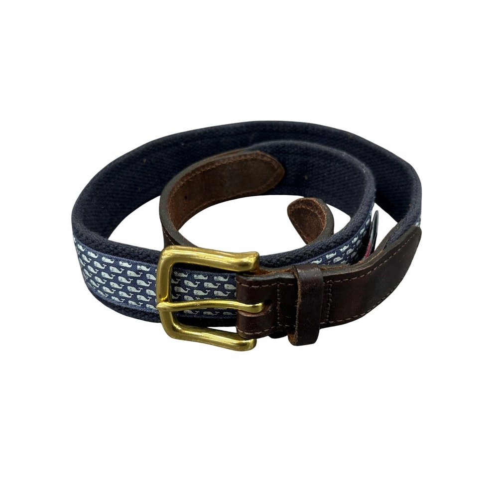 Vineyard Vines Belt Mens 32 Navy Blue Whale Canvas Leather Brass Buckle USA